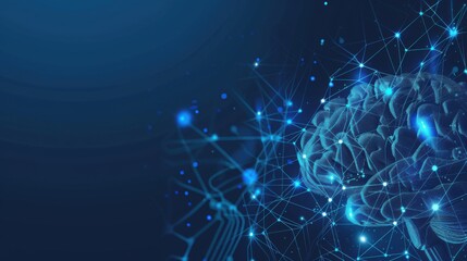 Poster - Digital brain background with space for text. Circuit board brains, AI and technology concept, blue neural connection lines and glowing dots