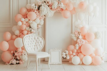 Wall Mural - A background designed for children's photography, showcasing a smash cake scene with pink balloons and a birthday cake for newborns.