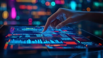 Poster - hand interacting with futuristic tablet displaying data analytics and charts