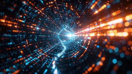 Poster - Digital technology background with blue and orange lights, glowing digital data streams in the center of abstract futuristic space tunnel or dark corridor with light particles