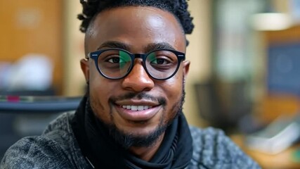 Poster - A young man with short curly hair and glasses shares a bright smile while seated in a contemporary office setting. The inviting atmosphere highlights his friendly demeanor and professionalism.