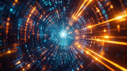 Poster - Digital technology background with blue and orange lights, glowing digital data streams in the center of abstract futuristic space tunnel or dark corridor with light particles