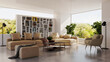 © 3DarcaStudio - Large luxury modern bright interiors Living room mockup illustration 3D rendering image