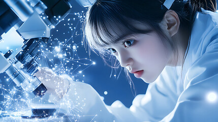 Poster - Young scientist focused on a microscope, surrounded by sparkling particles in a lab setting