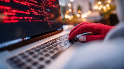 Poster - red gloved hands code on laptop cybersecurity programming winter technology concept