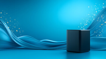 Fototapete - Minimalistic black cube on a blue wave background with sparkling elements