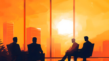 Poster - Silhouettes of professionals against a vibrant sunset in a modern office setting