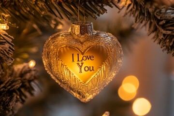 Wall Mural - A Christmas tree with a heart-shaped ornament, captured in a close-up shot.