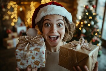 Canvas Print - A delighted, entertaining lady with presents near the Christmas tree.