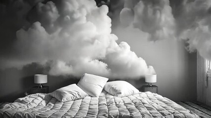 Poster - A cozy bedroom is transformed by fluffy white clouds enveloping the space, creating an ethereal vibe. Soft bedding and lamps add warmth to the dreamy scene, inviting relaxation and imagination.