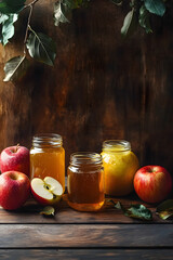 Poster - Apples and apple-based products, including jars of honey and cider on a wooden table.