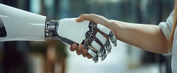 Wall Mural - stock image of a robot shaking hands with a human hand. communication and future concept. image of a