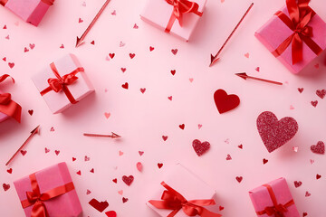 Wall Mural - Happy Valentines Day banner design. Flat lay pink gift boxes wrapped in red ribbons, surrounded by glittery hearts, arrows, and small heart confetti on a pink background. Love, romance concept.