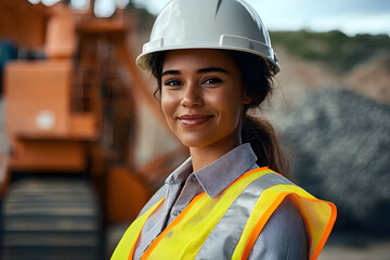 Sticker - portrait of smiling poc female engineer on mine site wearing hard hat, high vis vest, and ppe in australia with machinery