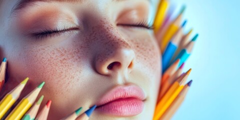 Poster - A creative portrait of a serene woman surrounded by colorful pencils. This image captures the fusion of art and beauty in a vibrant and playful style. Perfect for artistic expression. AI