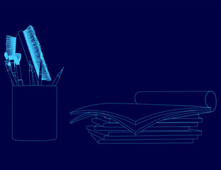 Poster - Blue background with a pencil holder and a stack of papers. The pencil holder is filled with pencils, pens, and a brush
