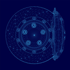 Poster - Blue image of a wheel with a blue background. The wheel is a close up of a car's brake disc