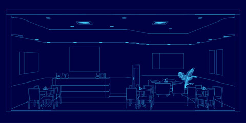 Poster - Blue drawing of a room with a large table and chairs. The room is empty and has a modern design