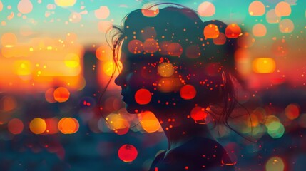 Poster - double exposure of business woman with the world of futuristic internet communication concept