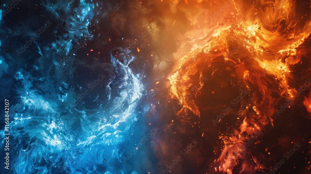 Ice and fire abstract art, a flowing motion of frozen water vs burning ...