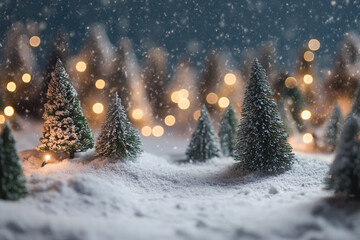 Wall Mural - Snowy miniature forest with twinkling lights and bokeh creating a magical winter scene