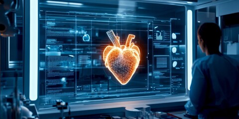 Aufkleber - A futuristic lab scene showcases a glowing heart hologram. The setup highlights advanced technology in medical research. This visual connects science and healthcare in an engaging way. AI