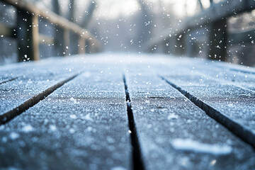 Wall Mural - Snowflakes falling on a frosty wooden bridge with blurred winter scenery in the background