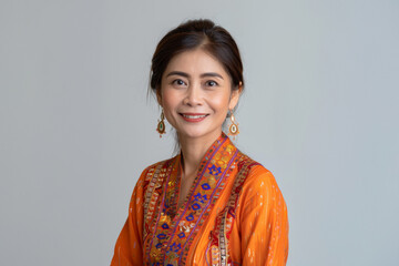 A beautiful young woman poses in traditional Asian dress, symbolizing cultural pride and fashion. The vibrant details and craftsmanship of the attire emphasize Asia rich heritage.