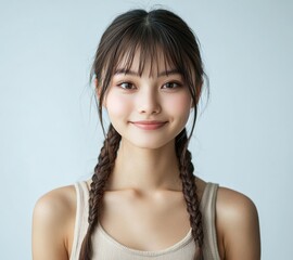 a young asian woman with braided hairstyle poses in a bikini against a white background. her stylish