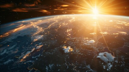Poster - Earth planet sunrise with satellite viewed from space , 3d render of planet Earth