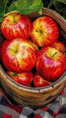 Wall Mural - Red apples in a rustic wooden bucket.