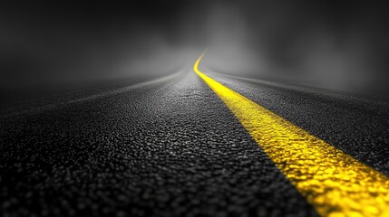 Poster - Asphalt road vanishing into foggy haze with highlighted center line. Enigmatic path concept, HD image