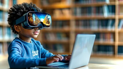 Poster - Young child explores virtual reality in a library setting with a laptop and VR headset