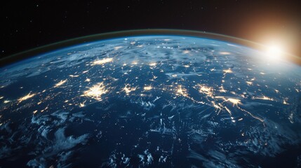 Poster - Earth view from space. Global network. Blockchain technology. Planet and communication. Future world 3D illustration