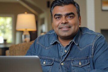 A middle-aged man conducts remote work in his home office via a laptop