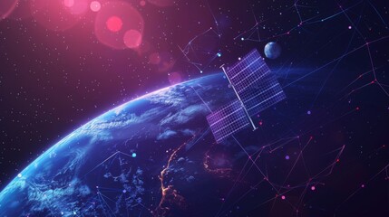 Poster - earth view from space and satellite from lines, triangles and particle style design. illustration ve