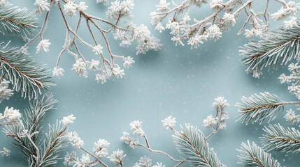 Wall Mural - Frosty pine branches and delicate snowy twigs on a pastel blue background, perfect for seasonal design