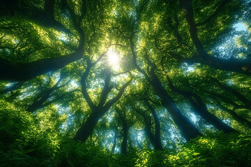 Wall Mural - sun shining through lush green canopy of trees in forest