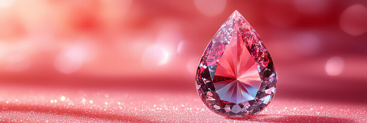 Poster - A sparkling crystal ornament shaped like a teardrop, suspended against a solid rose background,
