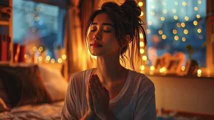 Aufkleber - A person engages in meditation, hands in prayer position, surrounded by a cozy interior. Warm lights create a peaceful atmosphere, enhancing relaxation and mindfulness.