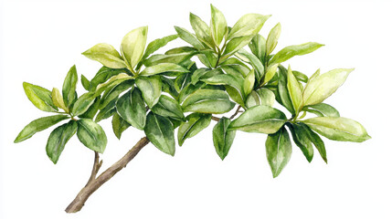 watercolor depiction of sandalwood tree branch with lush green leaves