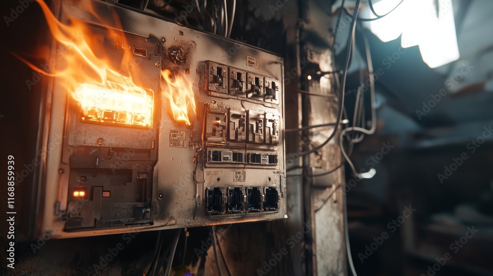 Photo Stock Overload short circuit in an old and grunge fuse box ...