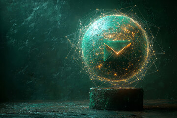 Poster - A glowing email icon hovering above a simple globe, with light beams connecting to various points,