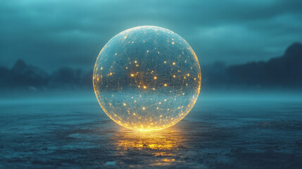 Poster - A minimalist globe with glowing points of light connected by thin lines,