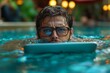 © Bundi - A suited businessman having a conversation with colleagues on a laptop while in a pool, offering a funny and creative representation of remote work online