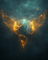 Poster - A stylized envelope with wings flying over a glowing outline of Earth,