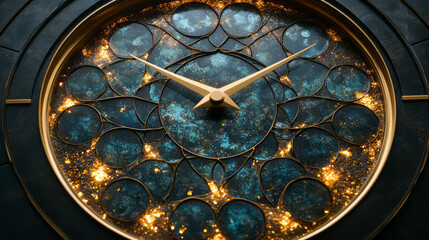 Poster - A clock with no hands, its face replaced by glowing, repeating concentric patterns,