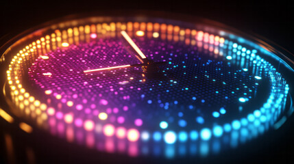 Poster - A clock with no hands, its face replaced by glowing, repeating concentric patterns,