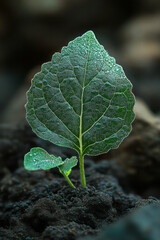 Poster - A single leaf decomposing into soil, with sprouts emerging from it,