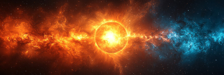 Poster - A glowing sun rising and setting on opposite ends of a circular composition,